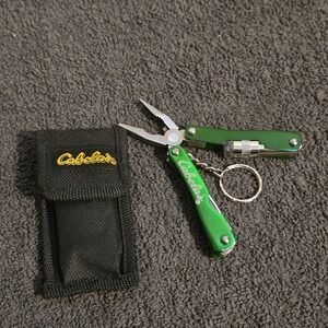 Cabelas Multi-Tool Keychain Mens OS Green LED Light Pliers Knife Sheath EDC